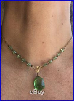 Antique Glass Necklace Choker Art Deco gilt metal Fantastic green design 1920s