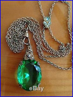 Antique Green Crystal Czech Art Deco Filigree Long Gf Opal Fob Chain Necklace