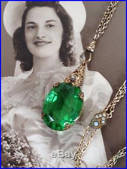 Antique Green Crystal Czech Art Deco Filigree Long Gf Opal Fob Chain Necklace