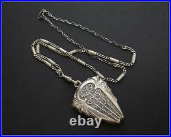 Antique Heavy Silver Sliding Locket with Mirror & Watch Chain Necklace Art Deco