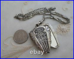 Antique Heavy Silver Sliding Locket with Mirror & Watch Chain Necklace Art Deco