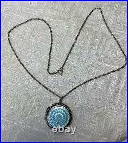 Antique Locket Necklace Guilloche Enamel Silver Powder Blue Art Deco Edwardian