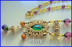Antique Max Neiger Czech Enameled Brass Glass Bead Suffragette Necklace Intaglio
