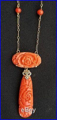 Antique Natural Carved Coral 14k Gold Art Deco Necklace/ 14k Gold Coral Necklace