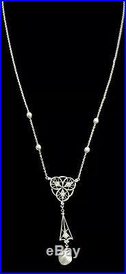 Antique Nouveau Art-deco Platinum White Gold Diamond Pearl Drop Pendant Necklace
