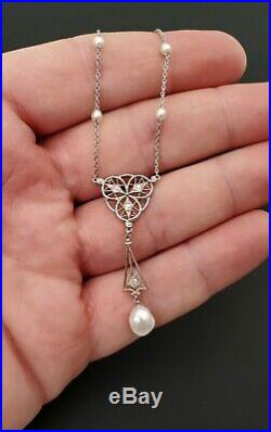 Antique Nouveau Art-deco Platinum White Gold Diamond Pearl Drop Pendant Necklace