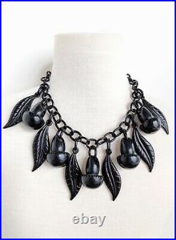 Antique VTG Art Deco Black Acorn Leaves Celluloid Dangle Festoon Charm Necklace