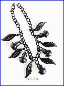 Antique VTG Art Deco Black Acorn Leaves Celluloid Dangle Festoon Charm Necklace