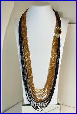 Antique Venetian Black & Gold Foil Glass Seed Beaded Necklace w Box Clasp 40