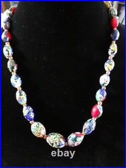 Antique Venetian Murano Oval Millefiori Bead Necklace Glass Art Deco 22 Italy