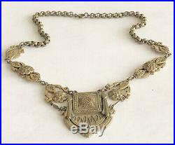 Antique Victorian Art Deco Lavalier Ornate Brass Links & Pendant Necklace Rare