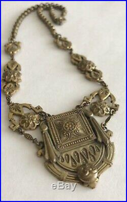 Antique Victorian Art Deco Lavalier Ornate Brass Links & Pendant Necklace Rare