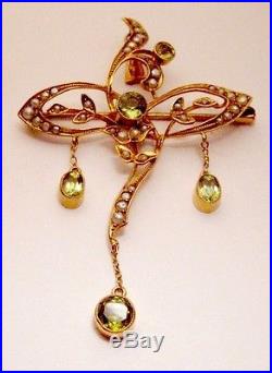 Antique Victorian Art Deco Peridot Gold Pendant Pin Lavaliere Necklace