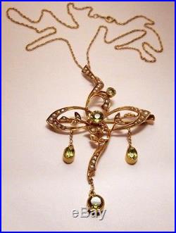 Antique Victorian Art Deco Peridot Gold Pendant Pin Lavaliere Necklace