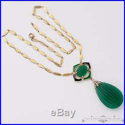 Antique Vintage 1920 Art Deco 18k Gold Green Onyx Diana Lavaliere Necklace