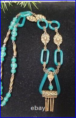 Antique Vintage ART DECO Necklace VERY RARE Green Glass Chain Link Brass Ornate