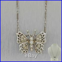Antique Vintage Art Deco 14K White Gold. 20ctw Diamond Flower Pendant Necklace