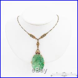Antique Vintage Art Deco 14k Gold Chinese Carved Jade Jadeite Lavaliere Necklace