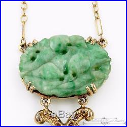 Antique Vintage Art Deco 14k Gold Chinese Carved Jade Jadeite Lavaliere Necklace