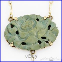 Antique Vintage Art Deco 14k Gold Chinese Carved Turquoise Lavaliere Necklace