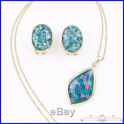 Antique Vintage Art Deco 14k Gold Mosaic Australian Opal Lavaliere Necklace