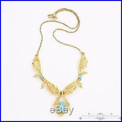 Antique Vintage Art Deco 18k Gold Persian Turquoise Lavaliere Acorn Necklace