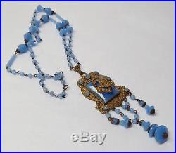 Antique Vintage Art Deco CZECH Blue Glass Necklace DRAGON Motif Pendant
