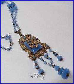 Antique Vintage Art Deco CZECH Blue Glass Necklace DRAGON Motif Pendant