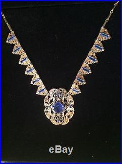 Antique Vintage Art Deco Czech Brass Filigree Blue Rock Crystal Choker Necklace