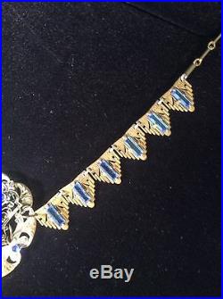 Antique Vintage Art Deco Czech Brass Filigree Blue Rock Crystal Choker Necklace