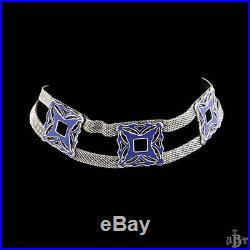 Antique Vintage Art Deco Rhodium Plated Mesh Ribbon Blue Enamel Collar Necklace
