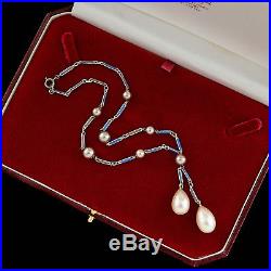 Antique Vintage Art Deco Rhodium Sterling Silver Glass Pearl Lavaliere Necklace