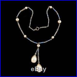 Antique Vintage Art Deco Rhodium Sterling Silver Glass Pearl Lavaliere Necklace