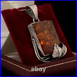 Antique Vintage Art Deco Sterling Silver Baltic Amber Foliate HUGE Necklace 32g
