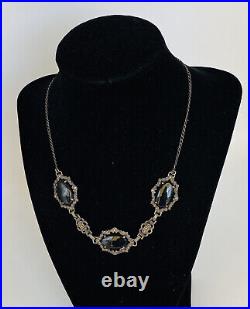 Antique Vintage Art Deco Sterling Silver Black Onyx Marcasite Link Necklace 17