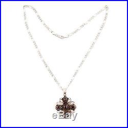 Antique Vintage Art Deco Sterling Silver Bohemian Garnet Cross Pendant Necklace