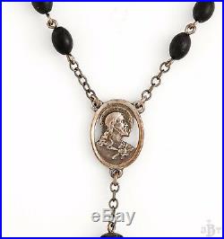 Antique Vintage Art Deco Sterling Silver Carved Ebony Wood Jesus Rosary Necklace