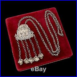 Antique Vintage Art Deco Sterling Silver Chinese Court Repousse Scenic Necklace