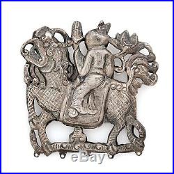 Antique Vintage Art Deco Sterling Silver Chinese Rider HUGE Necklace Pendant