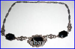 Antique Vintage Art Deco Sterling Silver Jet Black Onyx Marcasite Necklace