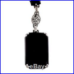 Antique Vintage Art Deco Sterling Silver Marcasite Black Onyx Lavaliere Necklace