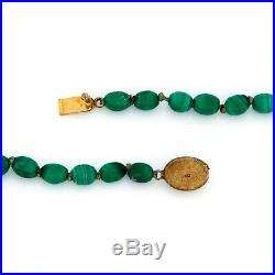 Antique Vintage Art Deco Yellow Gold Wash Chinese Carved Malachite Bead Necklace