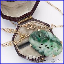Antique Vintage C. 1920 Art Deco 14k Gold Chinese Carved Jade Jadeite Necklace