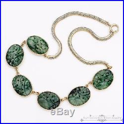 Antique Vintage C. 1940 Art Deco 14k Gold Chinese Carved Jade Choker Necklace