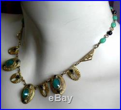 Antique Vintage Chrysoprase Jade Glass Art Deco Egyptian Revival Bib Necklace