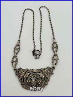Antique Vintage Victorian Art Deco Sterling Silver Marcasite Drop Necklace 17