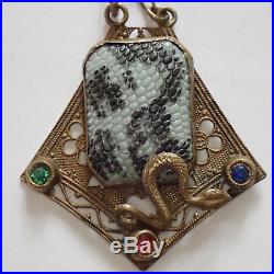 Antique Vntg Art Deco Egyptian Revival Jewel Glass Flower Snake Pendant Necklace
