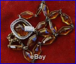 Antique Vtg 1930s CZECH GLASS Open Back STERLING Puffy ART DECO Amber NECKLACE