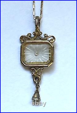 Antique Vtg Art Deco Camphor Glass with Diamond Pendant Lavalier Necklace 14k