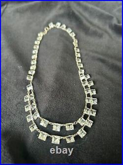 Antique Vtg Art Deco Silver Open Back Rock Crystal Faceted Double Tier Necklace